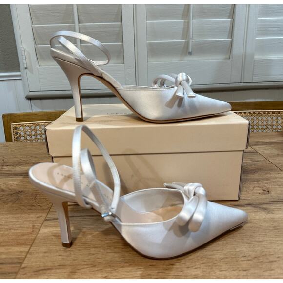 Loeffler Randall Alina Bow Pump Ankle Strap Satin Cream Size 8.5 NIB Chic Classy - Picture 2 of 16